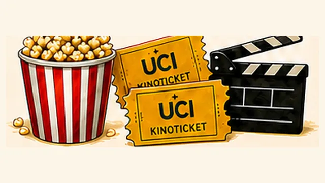 Illustration Popcorn, UCI-Kinotickets und Filmklappe