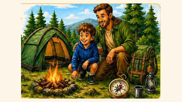 Illustration Survival Sommercamp mit Zelt und Lagerfeuer