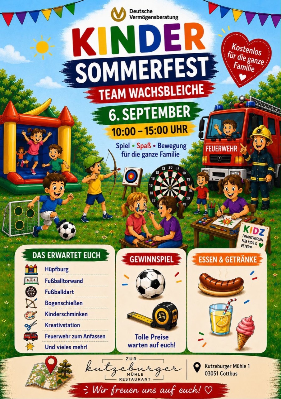 Flyer zum Kinder-Sommerfest am 6. September 2026 von 10 bis 15 Uhr in der Kutzeburger Mühle