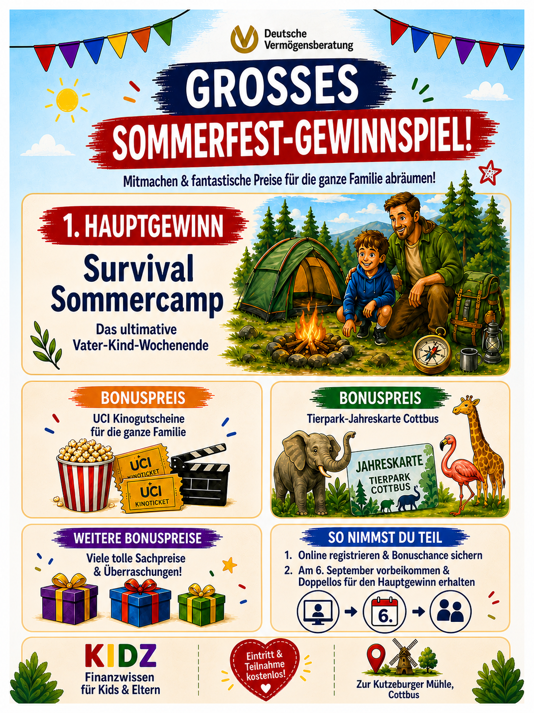 Gewinnübersicht zum KIDZ Sommerfest mit Survival Sommercamp als Hauptgewinn und weiteren Familienpreisen